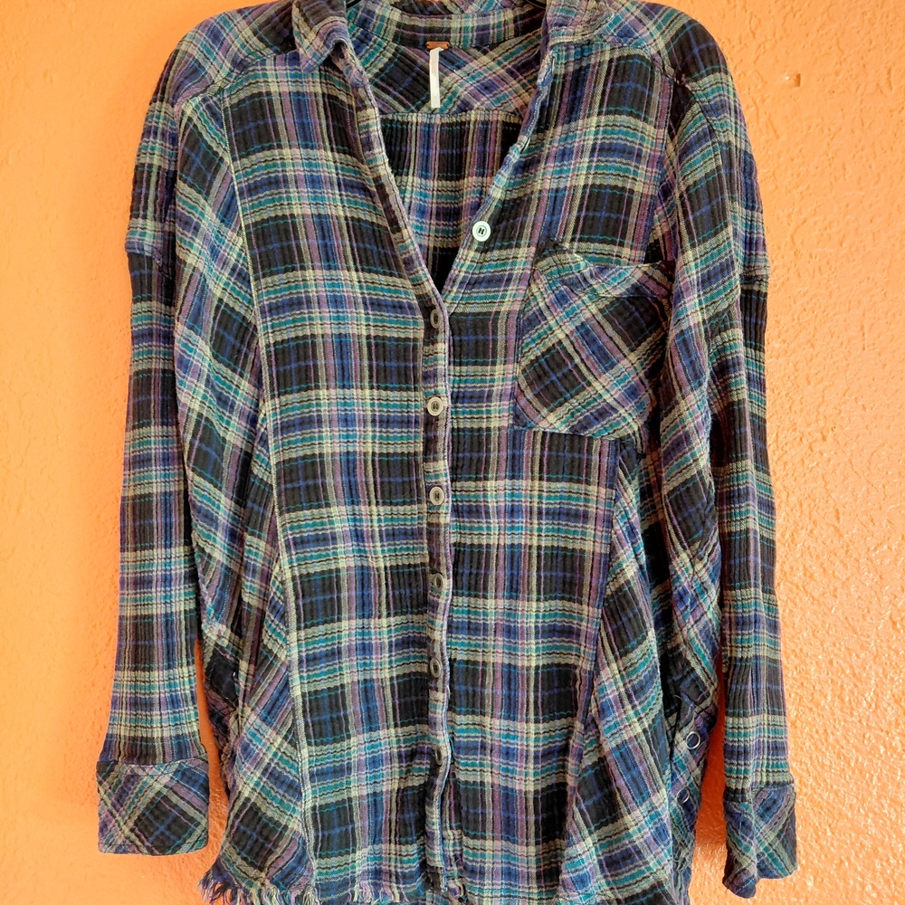 Free People Navy and Green Plaid Button-Down Shirt - Picture 3 of 16